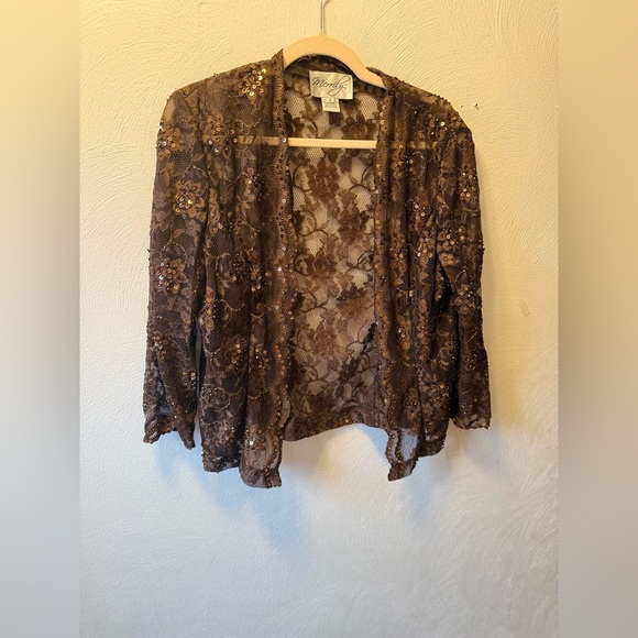 Merrily Cocoa Brown Sequin Lace Evening Gown w/ Sheer Cardigan Size 14 NWT - Picture 7 of 8